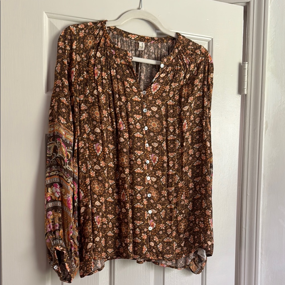 Spell Brown Floral Button-Front Peasant Blouse